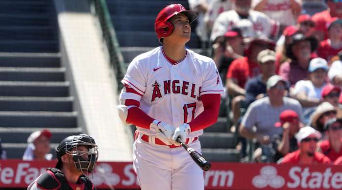 Los Angeles Angels designated hitter Shohei Ohtani hits a home run